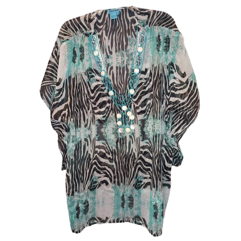 Aqua Blue Plus Zebra Teal Chiffon Embellished Cover Up Top Size 3X Beach Pool